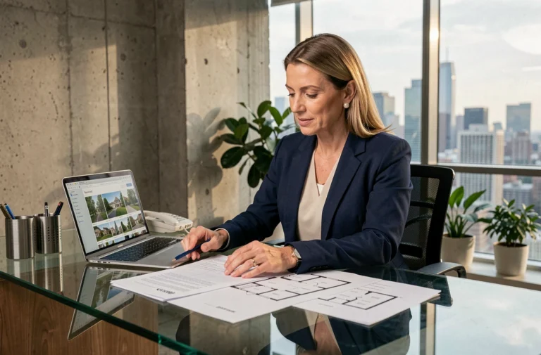 Femme professionnelle analysant des documents immobiliers dans un bureau moderne pour un investissement en 2024
