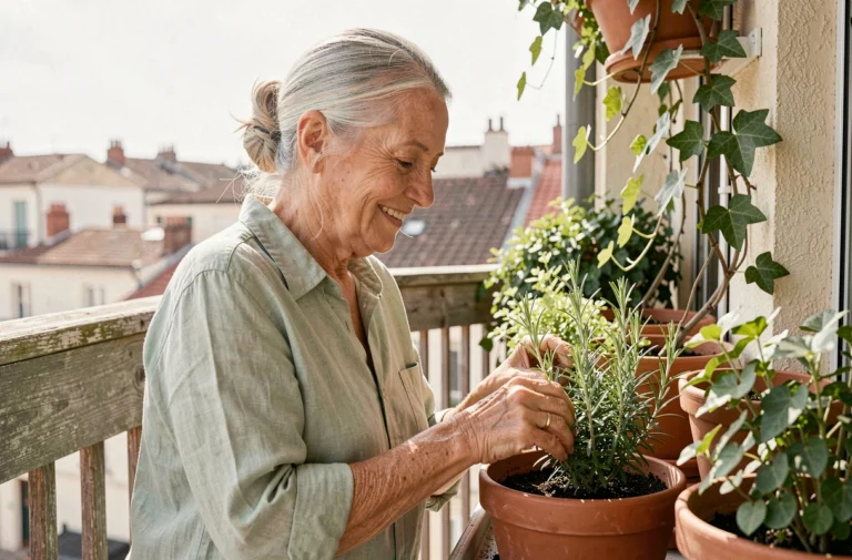 Femme âgée souriante prenant soin de ses plantes aromatiques sur un balcon, illustrant le bien-être et la vie saine au quotidien