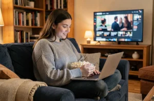 Jeune femme regardant un film en streaming sur son ordinateur portable depuis son canapé confortable