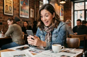 Femme surprise par des actualités insolites sur son smartphone dans un café urbain