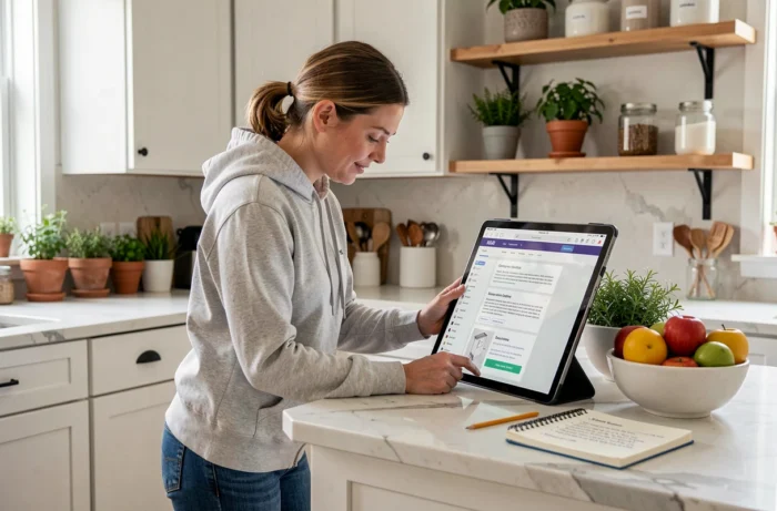 Une femme consulte le plan d'un site de bricolage sur une tablette dans sa cuisine avec un bloc-notes de projets à côté