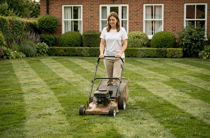 Femme tondant une pelouse rayée et dense avec une tondeuse manuelle dans un jardin résidentiel