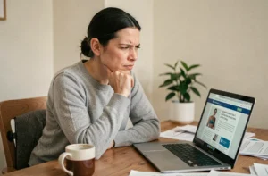 Femme analysant avec scepticisme une information santé sur son ordinateur portable depuis son bureau à domicile