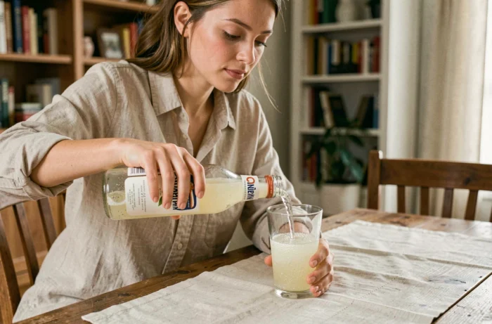 Jeune femme versant du Champomy pétillant depuis une bouteille dans un verre transparent sur une table en bois dans un intérieur cosy