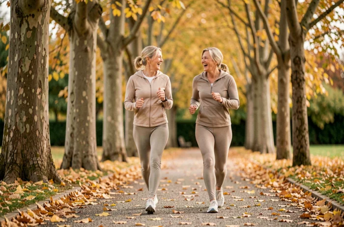 Deux femmes seniors marchant et riant ensemble dans un parc en automne, illustrant les bienfaits de l'activité physique pour bien vieillir