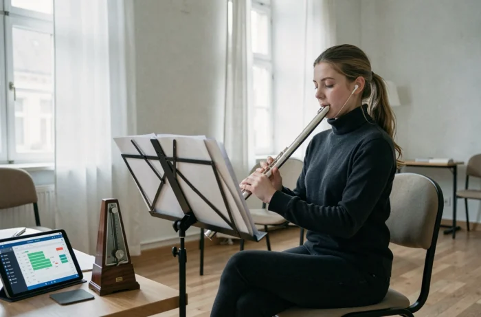 Young flutist wearing musician earplugs in a conservatory rehearsal room, with a sound level calculator on a tablet