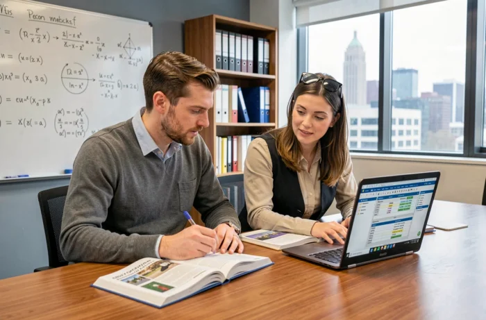 Deux étudiants en formation d'économiste de la construction étudiant ensemble des manuels et des logiciels de chiffrage en salle de cours