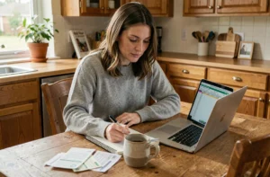 Femme en train de gérer son budget personnel à la maison avec un carnet et un ordinateur portable