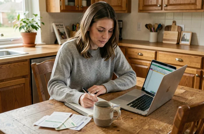 Femme en train de gérer son budget personnel à la maison avec un carnet et un ordinateur portable