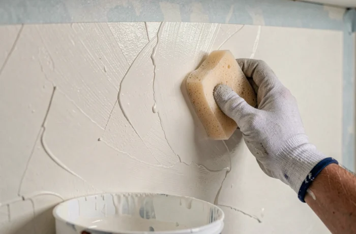 Close-up of a gloved hand using a damp sponge to reduce roller marks on a cream-colored wall