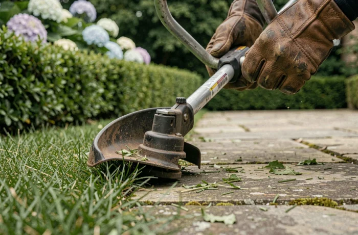 Gros plan sur la tête d'un taille-bordure à l'essence coupant avec précision le bord d'une pelouse sur un patio en pierre