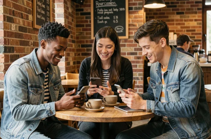 Groupe de jeunes adultes qui discutent de leurs séries TV préférées autour d'un café en consultant leurs smartphones