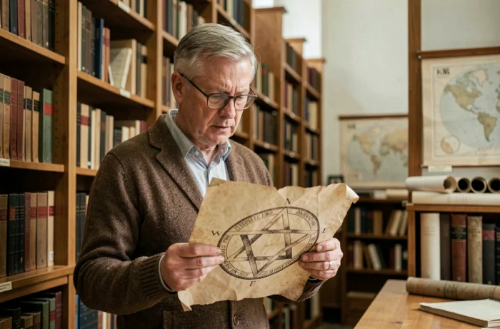 Historien tenant un parchemin ancien représentant une étoile à sept branches dans une salle d'archives universitaire