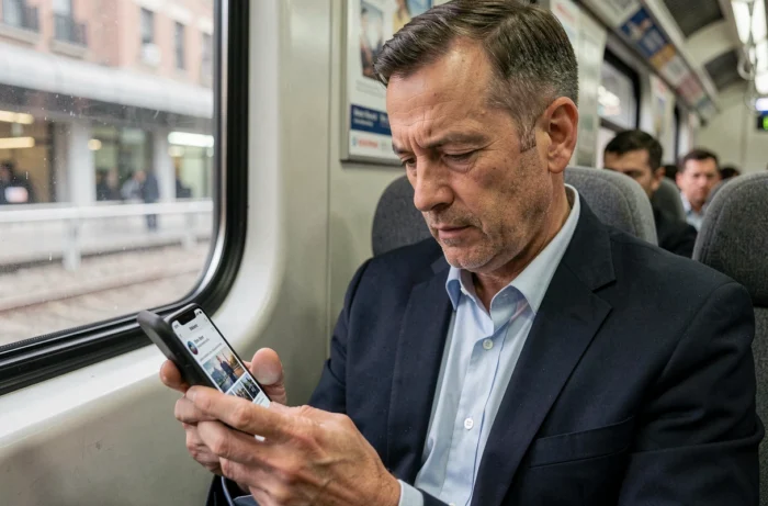 Homme lisant les actualités en ligne sur smartphone dans un train, accès rapide à l'information via un portail numérique