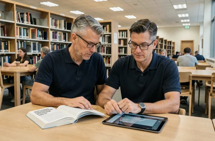 Homme adulte apprenant l'informatique avec un livre et une tablette dans une bibliothèque moderne