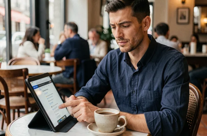 Homme consultant la carte du site d'un blog mode sur une tablette dans un café parisien