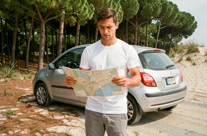 Homme consultant une carte pour trouver un parking gratuit près de la mer à Pise à côté de sa voiture