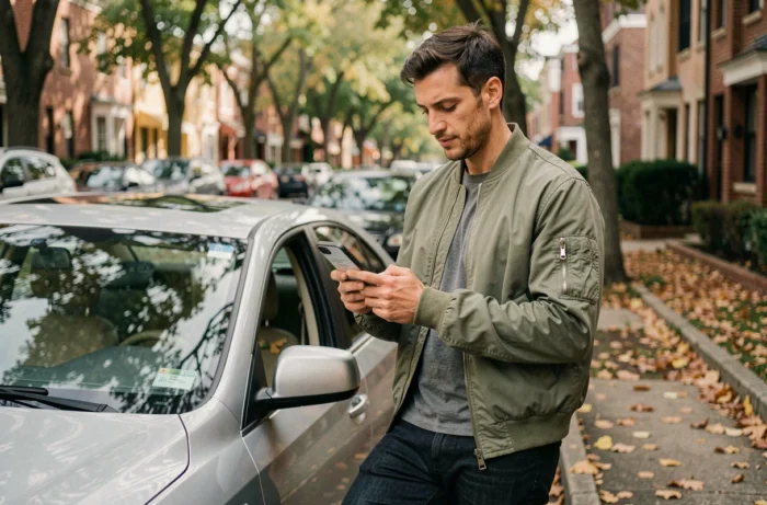 Homme comparant des offres d'assurance auto sur smartphone appuyé contre sa voiture dans une rue résidentielle