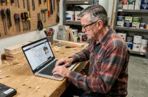 Un homme d'une cinquantaine d'années consulte le plan d'un site de bricolage sur son ordinateur portable dans un atelier en bois