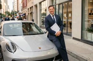 Homme en costume devant une Porsche 911 argentée et une agence d'assurance moderne en milieu urbain