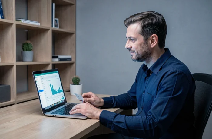 Homme utilisant un ordinateur portable pour obtenir un crédit rapide en ligne avec sa carte bancaire