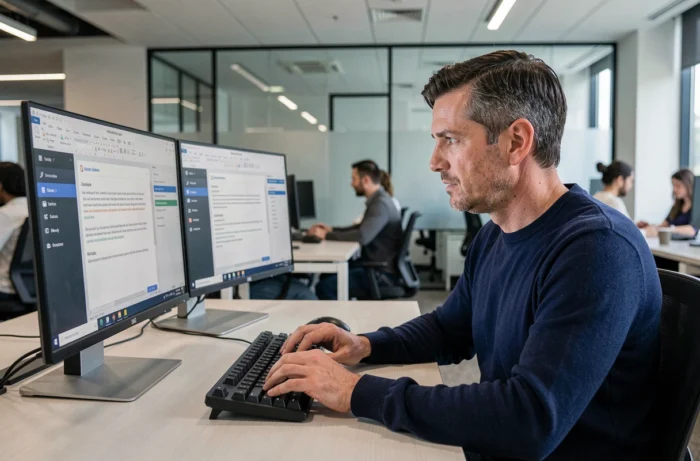 Homme travaillant sur deux écrans avec des logiciels de bureautique dans un open space moderne