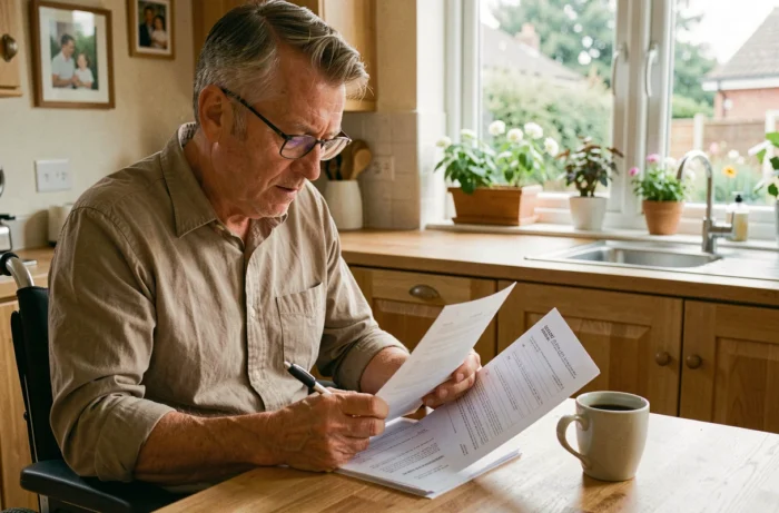 Homme en fauteuil roulant étudiant un dossier de prêt immobilier à domicile avec une pension d'invalidité