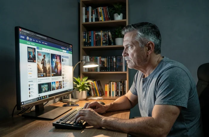 Homme consultant un forum de discussion sur les séries TV depuis son bureau à domicile le soir