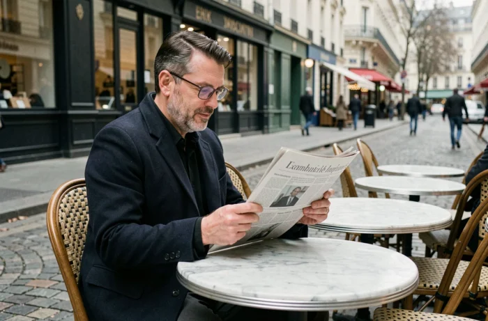 Homme lisant un journal imprimé en terrasse d'un café parisien typique
