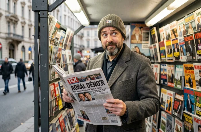 Homme lisant un journal insolite devant un kiosque à journaux en ville