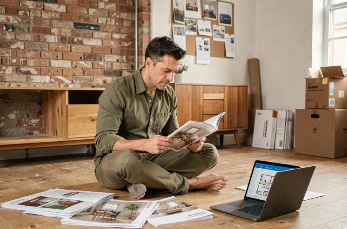 Homme planifiant l'aménagement intérieur de son appartement entouré de catalogues de meubles et d'un tableau d'inspiration