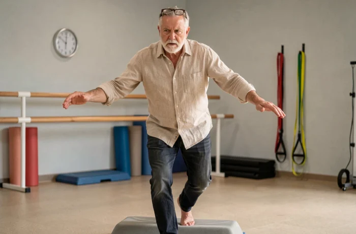 Homme âgé réalisant un exercice de rééducation de l'équilibre sur plateau instable en salle de kinésithérapie
