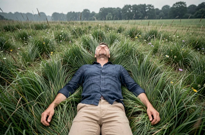 Homme allongé dans l'herbe en pleine nature pratiquant la relaxation profonde pour réduire le stress
