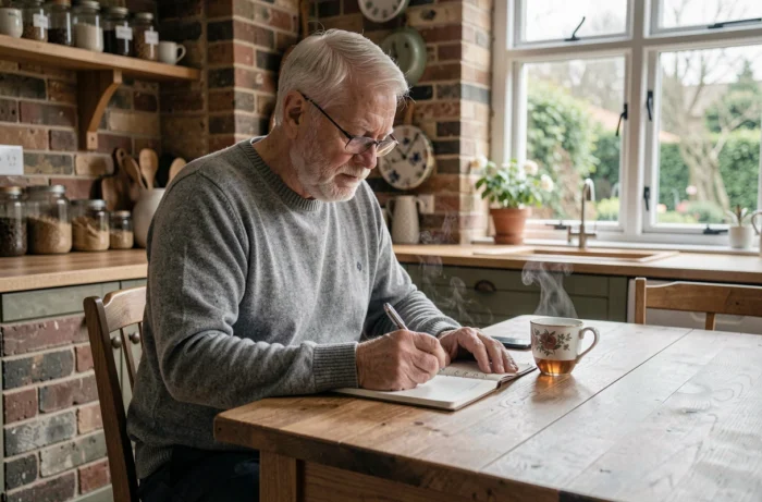 Homme senior concentré écrivant dans un journal à sa table de cuisine avec une tasse de tisane, symbole de routine saine et de bien-vieillir