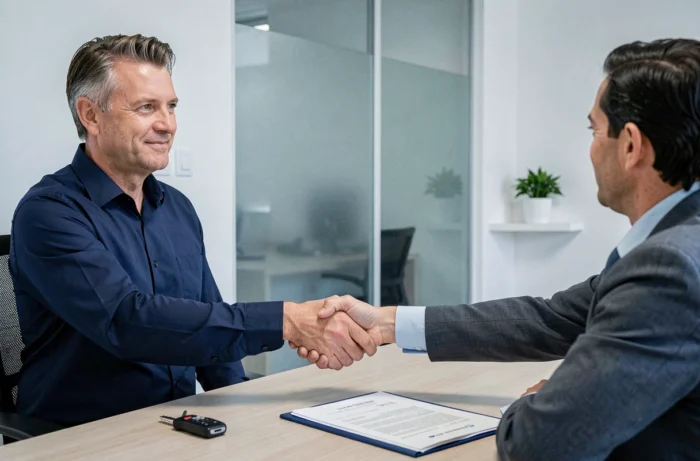 Homme signant un contrat d'assurance auto avec un conseiller dans un bureau professionnel
