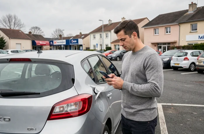Homme évaluant les dégâts sur sa voiture avant de déclarer un sinistre à la Macif