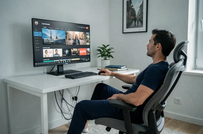 Homme regardant un film en streaming sur grand écran dans son bureau à domicile