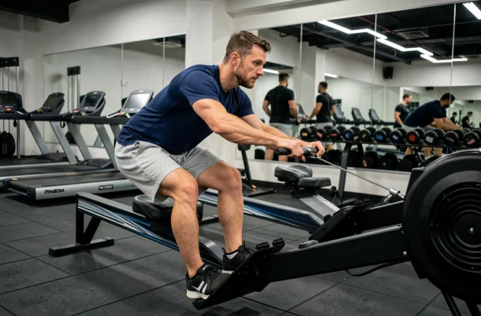 Homme testant un rameur dans une salle de sport moderne lors d'une séance d'essai sans abonnement
