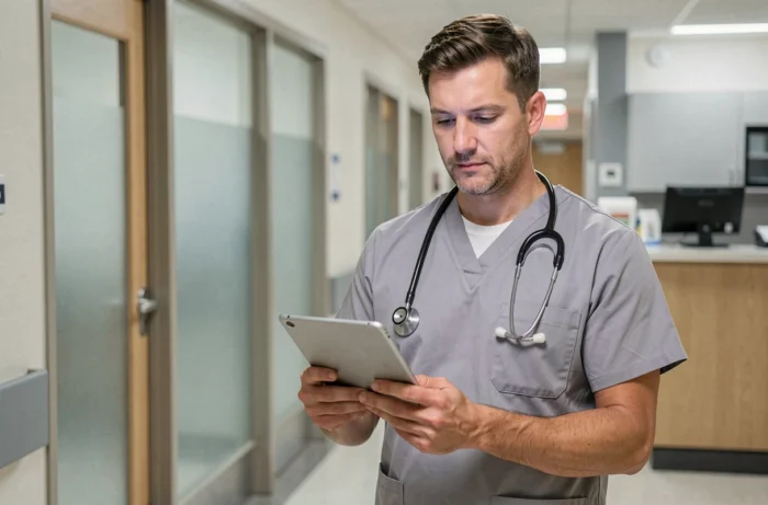 Infirmier lisant des ressources professionnelles sur une tablette dans un couloir d'hôpital