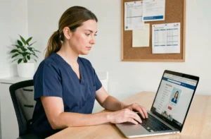 Infirmière consultant le site Convergence Infirmière sur un ordinateur portable dans une salle de pause hospitalière