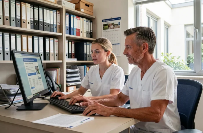 Deux infirmiers consultant ensemble des ressources du site Convergence Infirmière sur un ordinateur de bureau