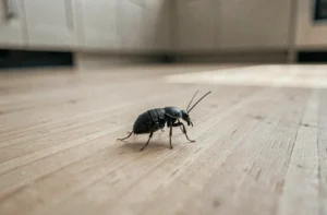 Gros plan macro sur un insecte noir sauteur sur un parquet en bois dans une cuisine domestique