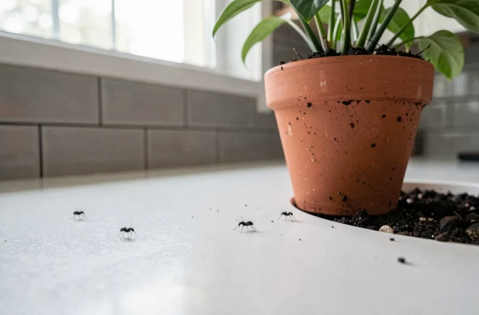 Petits insectes noirs sauteurs sur un plan de travail de cuisine près d'une plante d'intérieur