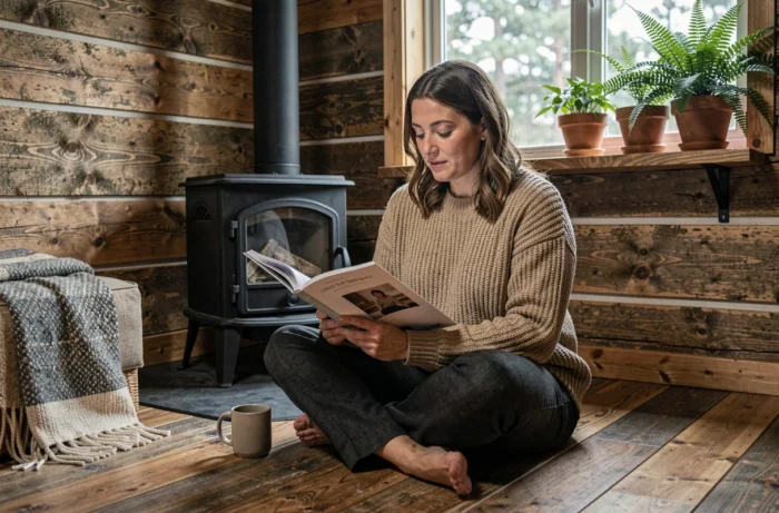 Femme lisant dans une cabane contemporaine avec poêle en fonte et intérieur en bois brut