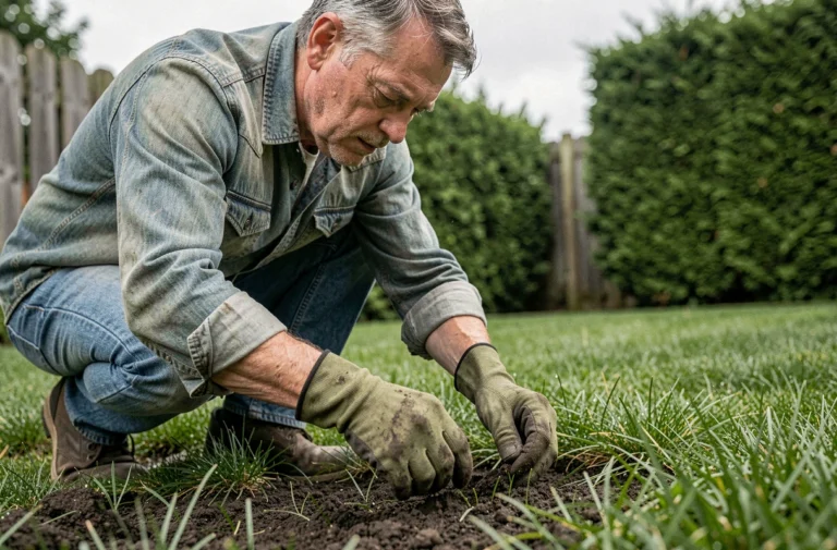 Jardinier adulte en train de semer du gazon dans un jardin verdoyant avec des gants de jardinage