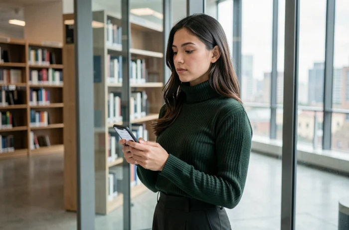 Jeune femme consultant les informations sur son smartphone dans une bibliothèque contemporaine