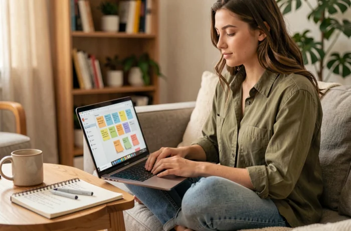 Jeune femme travaillant sur un ordinateur portable avec des outils de productivité dans un salon cosy