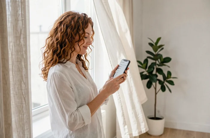 Jeune femme consultant la carte du site d'un blog tendances sur son smartphone depuis chez elle