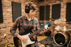 Jeune guitariste adolescent portant des protections auditives dans un studio de répétition, consultant une application de mesure de décibels sur son smartphone