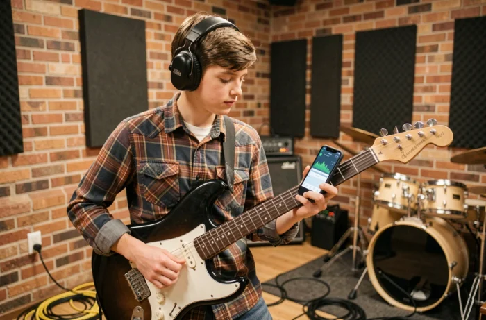 Jeune guitariste adolescent portant des protections auditives dans un studio de répétition, consultant une application de mesure de décibels sur son smartphone